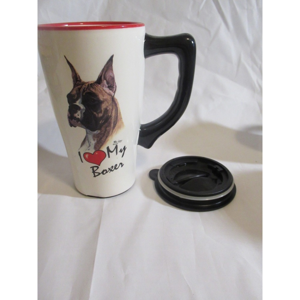 I LOVE MY BOXER  dog Porcelain Travel MUG with LID tall handle red black white
